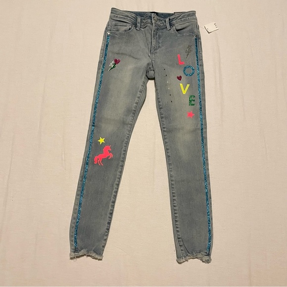 Gap Kids Glitter Graphic Skinny Jeans with Stretch Size 8 - Picture 1 of 16